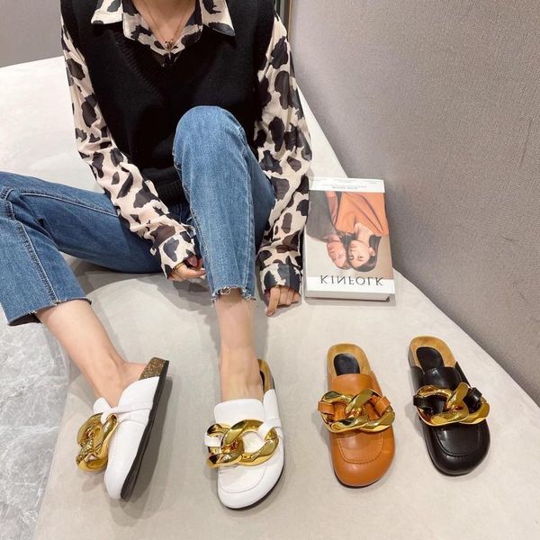 

sandals 2021 style metal bule spring baotou flat slippers women's fashion, Black