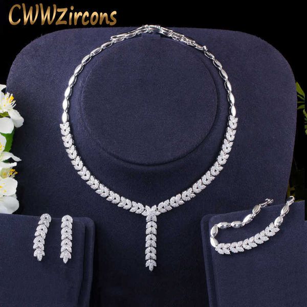 

cwwzircons 3pcs micro pave cubic zircon dangle drop flower leaf wedding jewelry set women evening party dress accessories t403 h1022, Silver