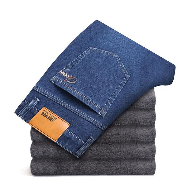 

men's jeans 2021 winter warm black elasticity slim fit thicken denim pants brand trousers male bule big size 38 40 42 44 46, Blue