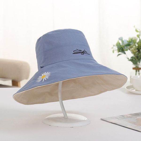 

wide brim hats cotton women fisherman hat double-sided chrysanthemum embroidery outdoor fishing cap casual panama eaves bucket caps, Blue;gray