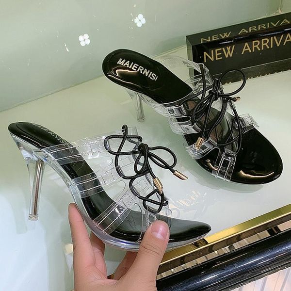 

transparent high-heel sandals fashion women shoes korean all-match office slippers, Black