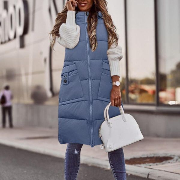 

women's vests 2021 fashion slim fit long vest winter solid hooded pockets zipper jacket sleeveless thicken cotton padded waistcoat d1, Black;white