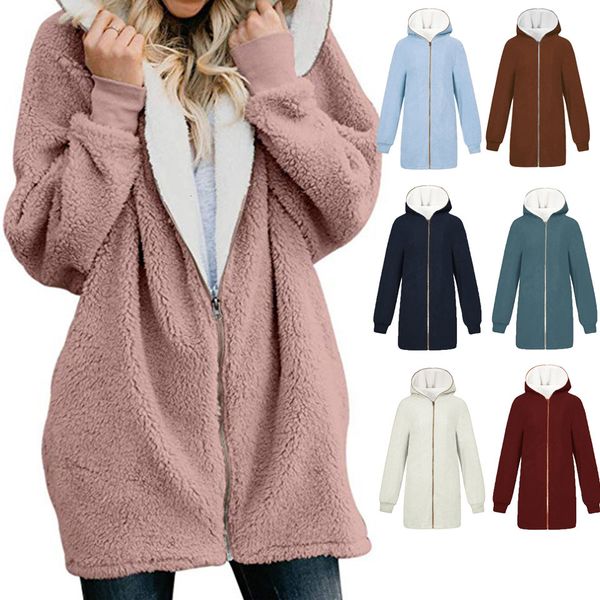 

hoodies hairy fuzzy long-sleeve poleron mujer 2021 plain thick female with zip up hoodie pocket, Black