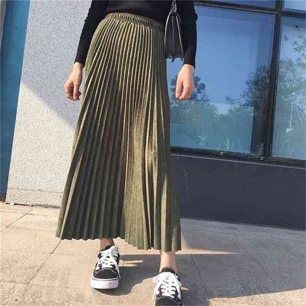 

autumn & winter arrival pleated skirt korean version deer suede long high waist ulzzang 210527, Black