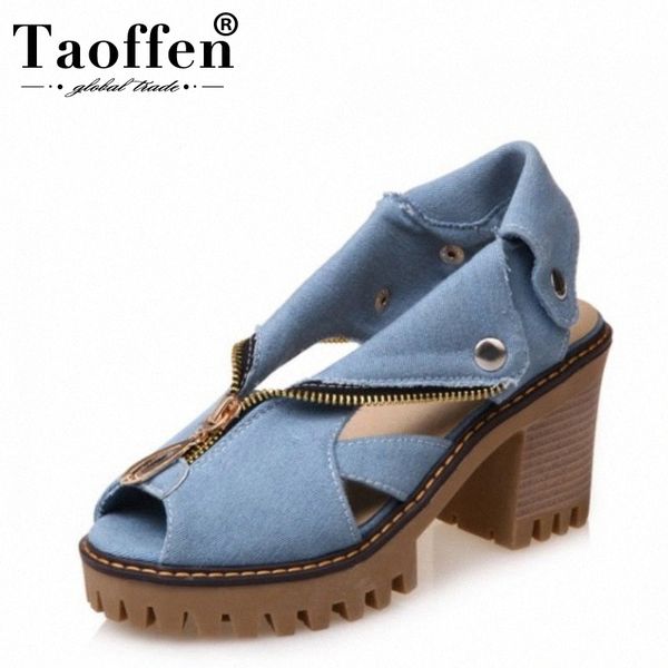

taoffen size 34 43 denim high heel sandals women zipper platform sandals summer shoes woman slip on shoes for women footwear e9a0, Black