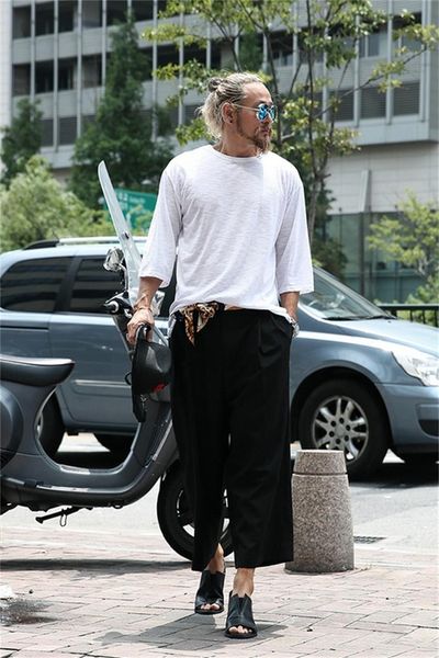 

men's pants korean summer solid color loose fashion wide leg capris trend straight casual, Black