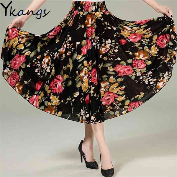 

summer casual bohemia elastic high waist mom skirts women printed pleated skirt female boho beach thin skirts clothes ropa mujer 210708, Black