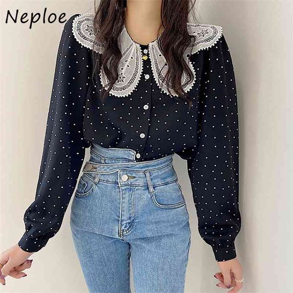 

elegant lace patchwork hook flower blosue women peter pan collar long sleeve solid blusas spring shirt ol 210422, White