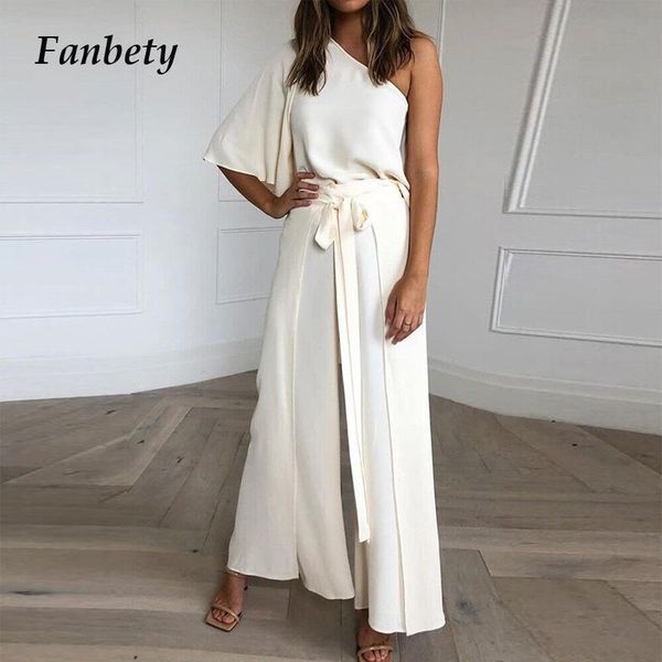 

women elegant one shoulder lace-up party suits 2021 spring summer fashion wide leg pants lady 2 piece sets casual loose set women's two, White