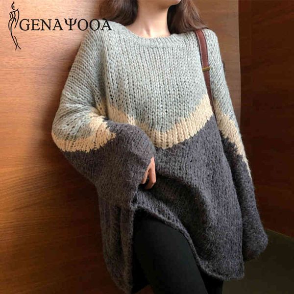 

genayooa autumn winter sweaters pullovers sleeve o neck women knitted sweater patchwork loose long jumpers ladies 210417, White;black