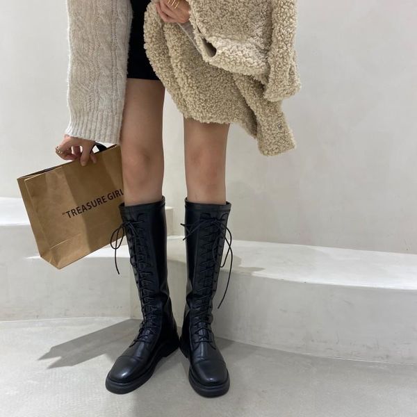

boots monmoira lace up cross-tied round toe long knee riding for women 2021 designer solid soft faux leather motorcycle, Black