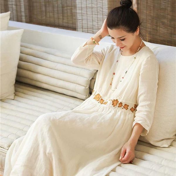 

casual dresses spring summer linen literary loose dress with embroidery for women female a66, Black;gray