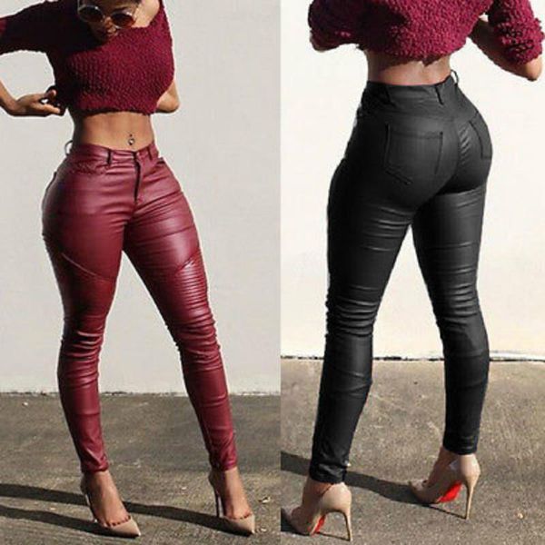 

fashion slim leather skinny women pant stretchy pencil high waist redxl, Black;white