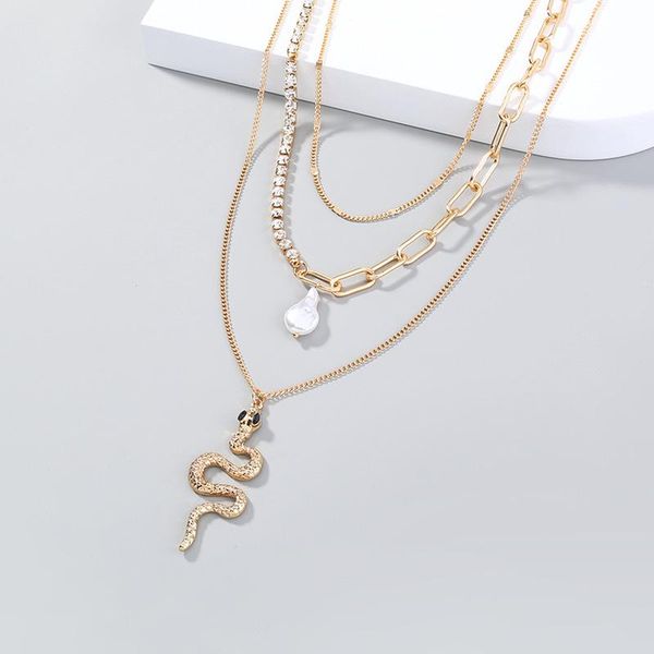 

pendant necklaces minar trendy shiny rhinestone snake necklace for women multi layers linked chain twist irregular pearl choker, Silver