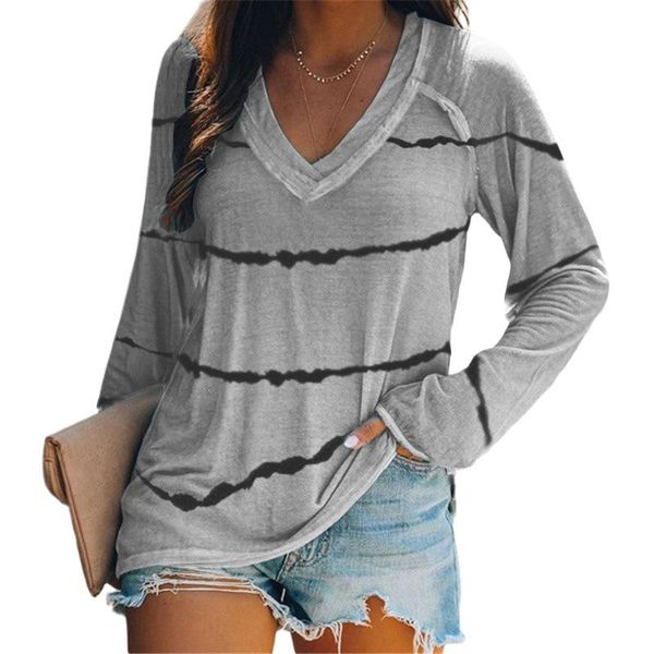 

women's t-shirt stripe print v-neck long sleeve gray purple pink khaki women shirts, White