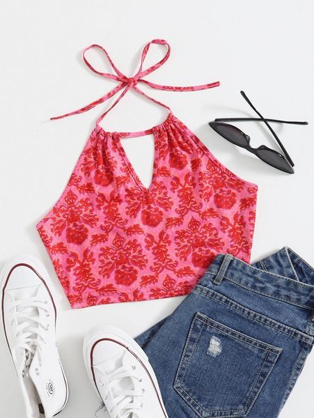 

self tie floral print halter d86s#, White