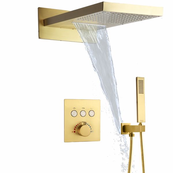 Sistemi doccia di lusso in oro spazzolato Soffione doccia Valvole termostatiche a cascata Precipitazioni a parete