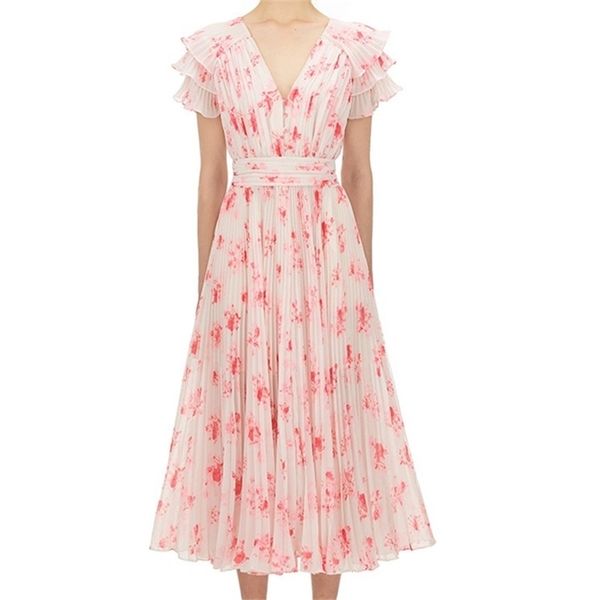 

vintage floral print female dress v-neck ruffles shorts sleeve women chiffon sashes pleated vestidos femme 210603, Black;gray