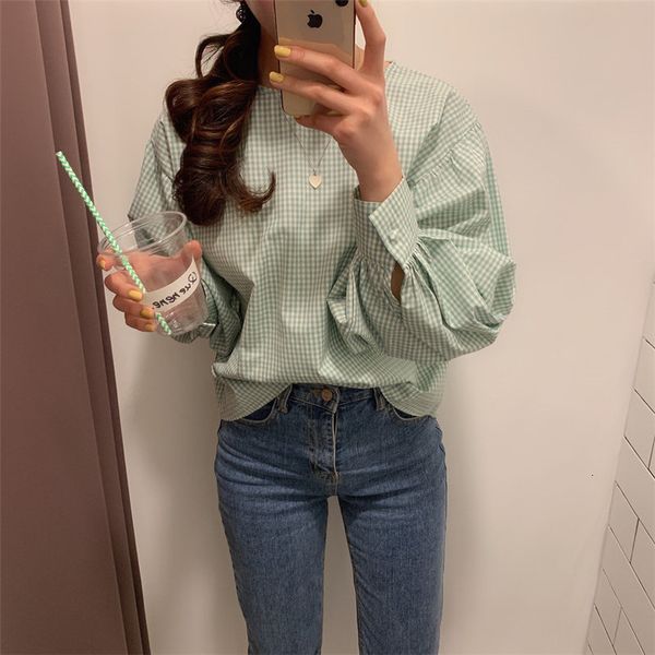 

dress chic plaid loose gentle geometric full sleeves pullovers leisure all match ol casual streetwear shirts, White