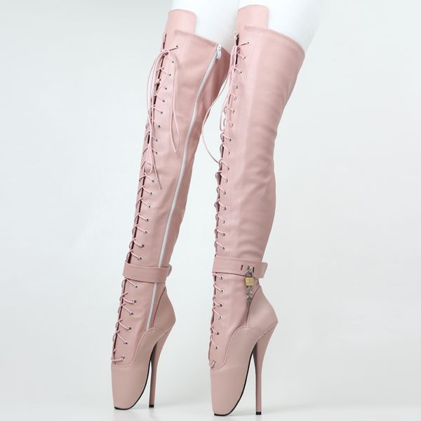 

18cm high heel thigh high ballet boots pink with lace and lock, Black;white