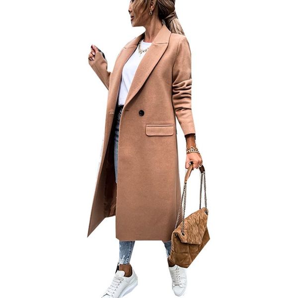 

women's wool & blends 2021 autumn and winter women long woolen coat turn-down collar cardigan solid fashion double breasted jacket, Black