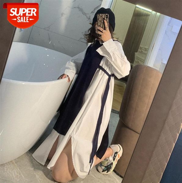 

high jing density cotton shirt dress mid-length oversize navy blue long knitted vest split sleeve #hy5f, Black