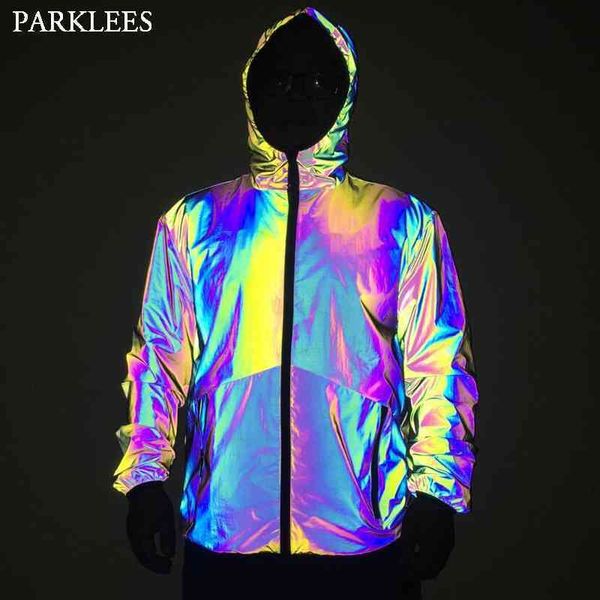 Glow Rainbow reflexivo noctilucento noctilucente jaqueta com capuz homens hip hop homens fluorescentes homens jaquetas e casacos jaqueta masculino 210522