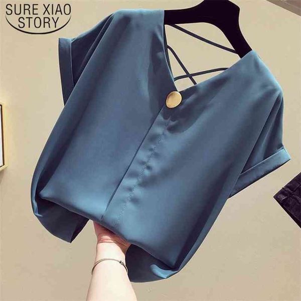 

solid v-neck chiffon blouse women blusas mujer de moda summer korean short sleeve office lady yellow clothes blusa 9306 50 210506, White