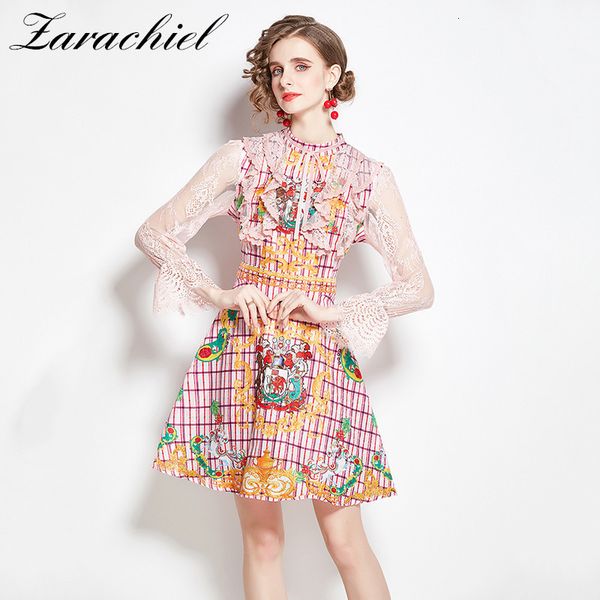 

dresses summer sweet ruffles lace patchwork pink jacquard women flare sleeve stand collar bow ribbon flower print mini, Black;gray