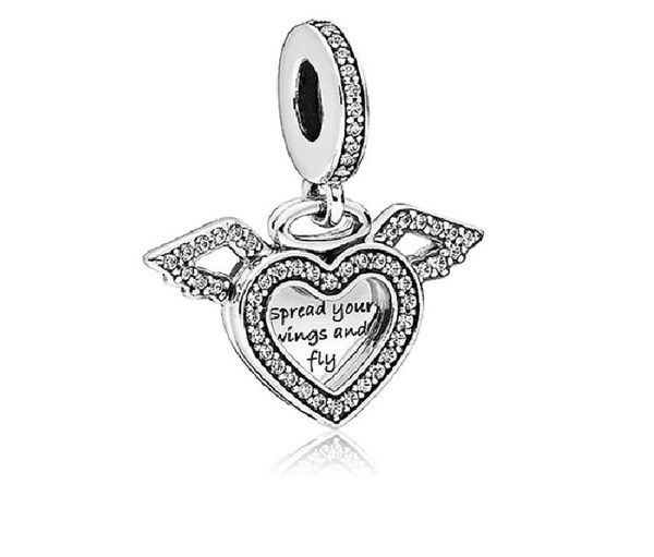 

wholesale 20pcs silver jewelry diy heart crystal angel wings dangle pendant beads fits pandora style charm for pandora bracelets for europea, Black