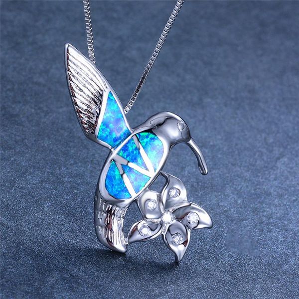 

pendant necklaces boho small bird necklace cute flower white blue green opal stone classic silver color chain for women