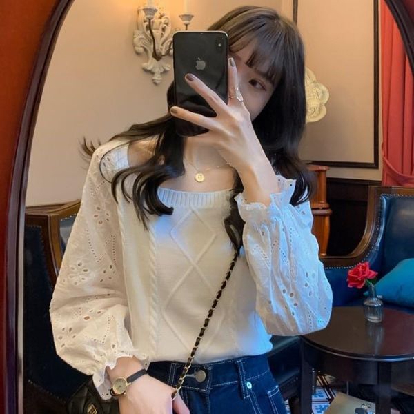 

women's t-shirt square neck knitwear early autumn 2021 korean version temperament versatile bubble sleeve pullover top, White