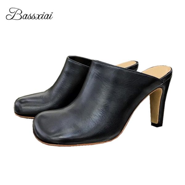

concise style spring genuine leather women pumps high heels round toe slingbacks lazyman outwear runway mules lady dress shoes, Black