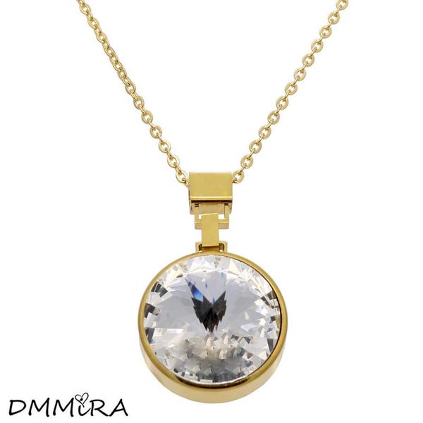 

fashion women color gold big stone stainless steel ure clear simply turnable round cubic zirconia pendant necklace jewelry necklaces, Silver
