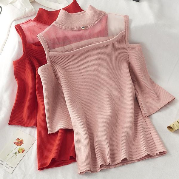 

women's sweaters 2021 autumn women short sleeve pullovers korean mesh patchwork hollow out sueter mujer turtleneck sweet, White;black