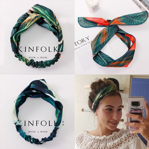 

summer bohemian print leaves hairbands elastic headbands for women retro cross knot turban bandanas hair bands hair accessories, Pink