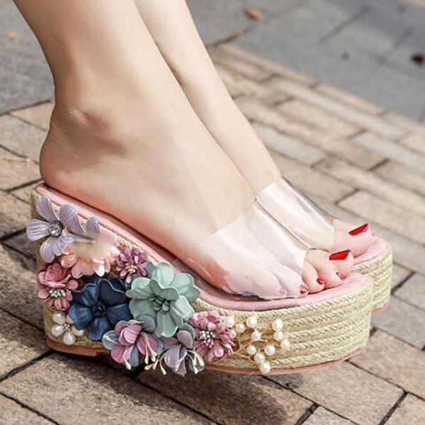 

spring autumn slope with female summer flip-flops beach shoes high-heeled lady flowers soft elegant platform slippers sh126 210625, Black