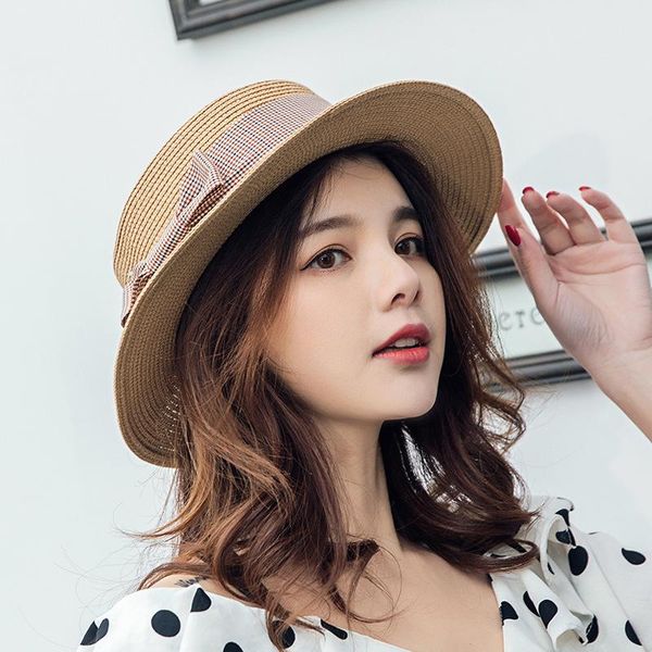 

wholesale arrived summer youth woman straw beach holiday flat sunshade leisure fashion bow elegance bowler glacier hats wide brim, Blue;gray