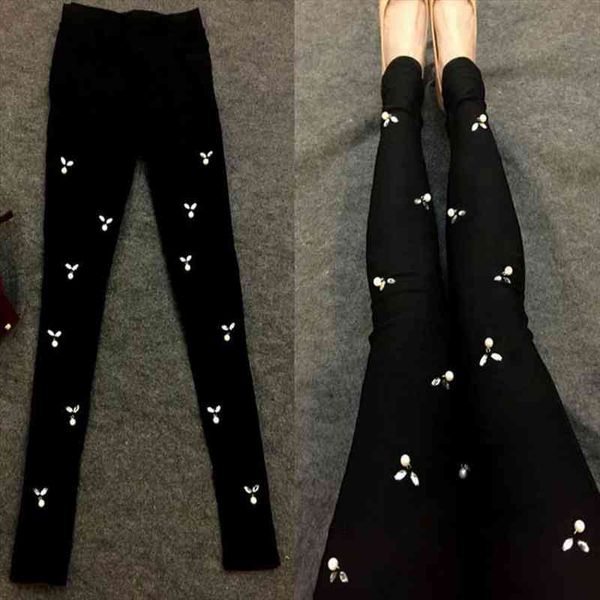 

stretch rivet beading jeans elastic skinny woman legging pants black female 4xl