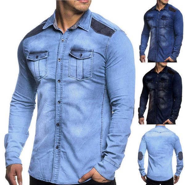 

2021 men's pasted casual wash slim long sleeve denim shirt top, Black