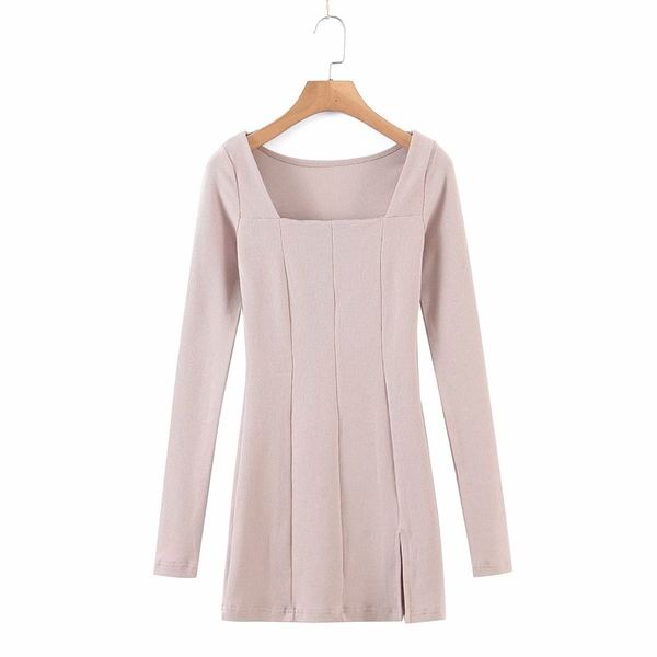 

women's t-shirt casual women square collar slim dress 2021 spring-autumn fashion ladies office female split hem thread mini 9izd, White