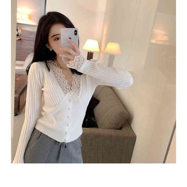 

fashion women's knitwear spring gentle style lace stitching v-neck small outer wear thin 210520, White;black