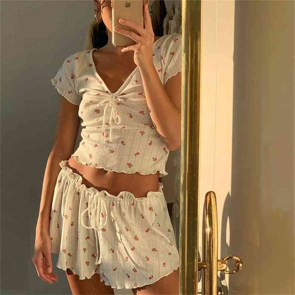 

sweatsuit women summer short-sleeved v-neck ruffles strap waist baggy shorts suit female women sets two piece 210517, White