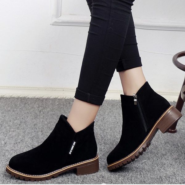 

solid ankle boots for women shoes woman flock new autumn winter boots female metal buckle zipper platform short boots plus size, Black