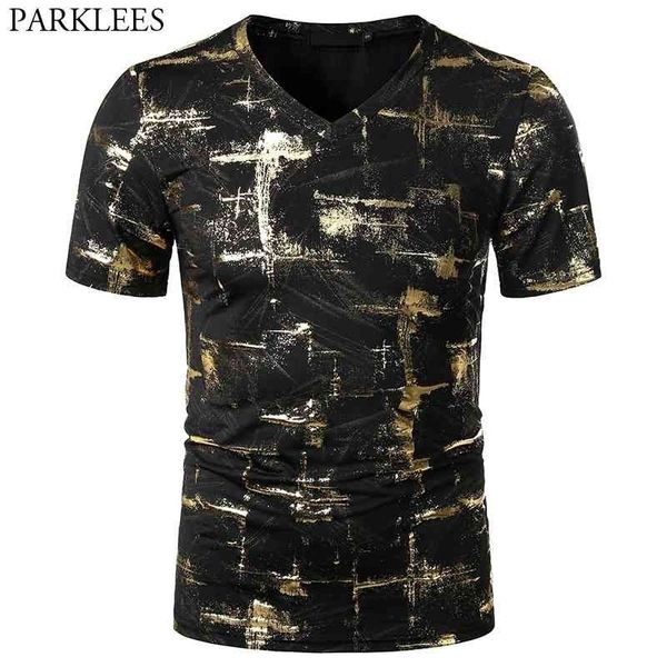 

shiny gold bronzing print t-shirt men brand short sleeve v neck t shirt men hip hop club party stage clothing camisetas 210522, White;black