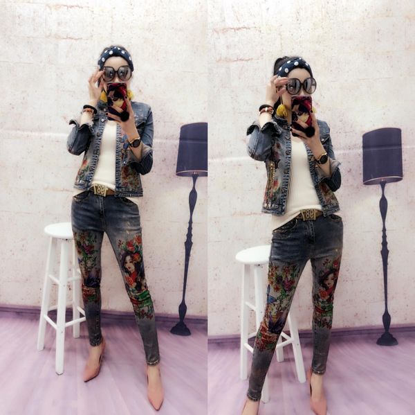 

tracksuits fashion sport suit 2021 heavy industry autumn flower elastic denim two piece, Gray