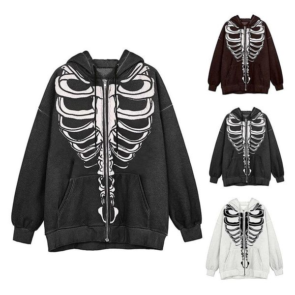 

women's hoodies & sweatshirts gothic zipper hoodie chest skull print streetwear loose hooded jacket casual mid-length kangaroo pocket s, Black