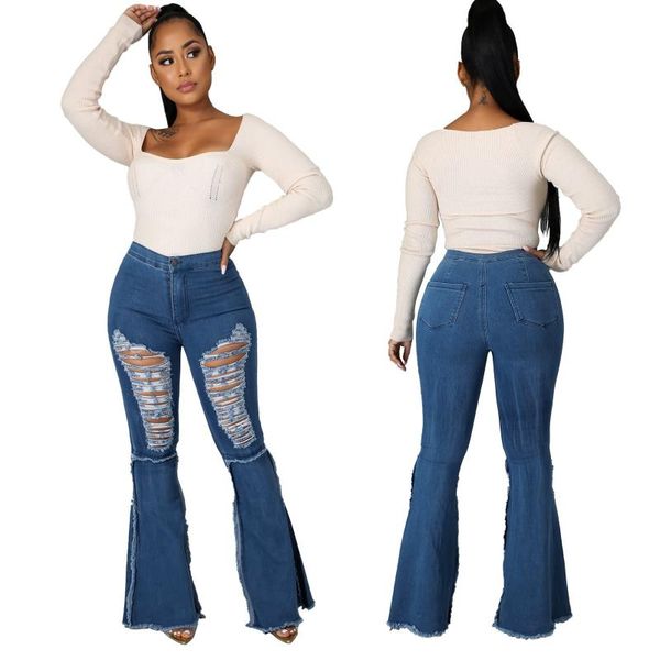 

women's pants & capris ripped jeans fringe hollow out ruffle flare denim high waist bodycon hole women trousers club outfits, Black;white