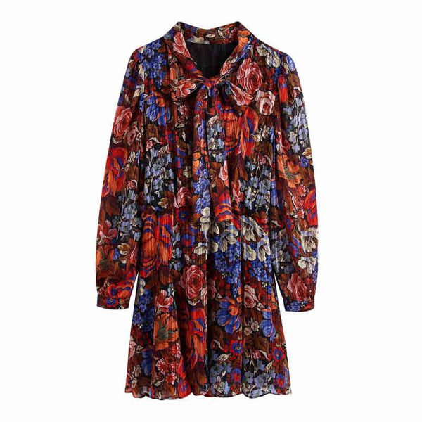 

vintage woman national style print mini dress fashion ladies autumn tie neck es female elegant long sleeve 210515, Black;gray