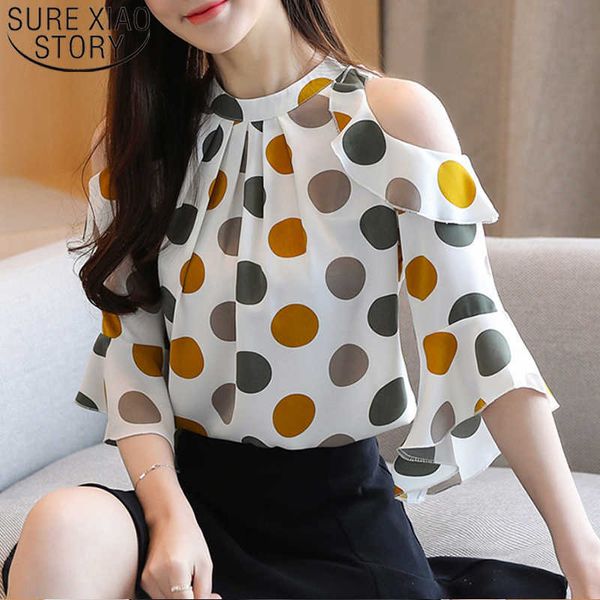 

korean loose polka dot slim fit women stand collar off-shoulder short sleeve elegant chiffon blouse chemisier femme 8983 50 210527, White